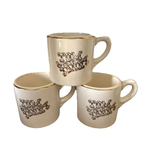 Vintage TOM & JERRY Mugs Cups White Porcelain Gold Accents Set 3