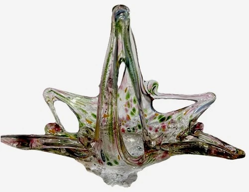 VINTAGE Murano Hand Blown & Stretched CONFETTI Art Glass Basket! Unsigned