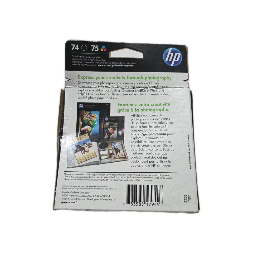 Cartucho de tinta GENUINO NUEVO HP 74/75 (CB335WN/CB337WN) venta al por menor caducidad 07/2022  Foto 2 de 2