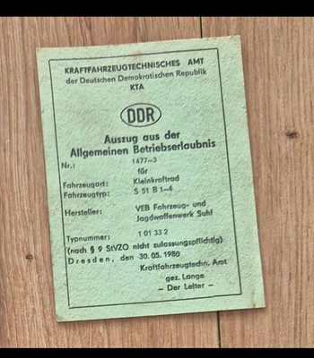 DDR KTA Auszug Allgemeine Betriebserlaubnis Kleinkraftrad S 51 B 1-4. Blanko