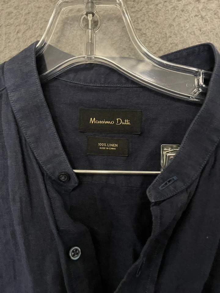 Camisa Massimo Dutti Para Hombre 100% Lino Talla Mediana Azul Cuello Mandarín Abotonada Foto 2 de 4