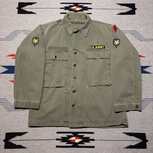 Vintage WW2 HBT 13 Star Military Herringbone Shirt Jacket Men’s Size 42R Green
