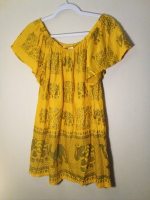 Lapogee Shirt Women L Short Ruffle Sleeve India Elephant Camel Gold Green