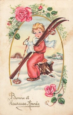 CP ILLUSTREE GOOD YEAR KLEINES MÄDCHEN SCHAL HANDSCHUHE SKI ROSA BLUMEN - 61969