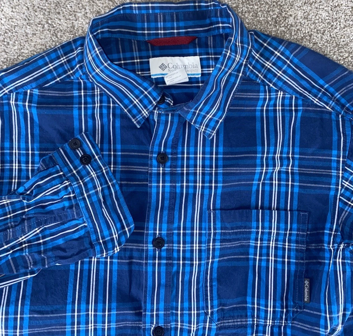 Columbia Flannel Blue Gingham Check Plaid Mens M Hiking Camp Warm Cotton Outdoor