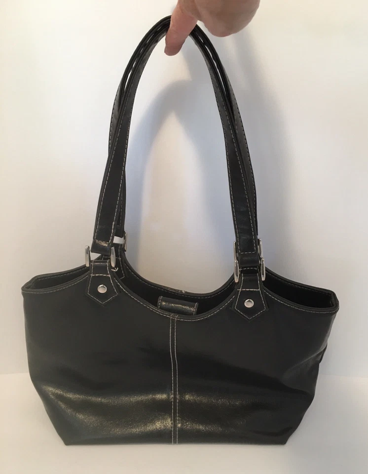 St John's Bay черная кожаная сумка винтажная 3 отделения застежка 9,5» W - Изображение 3 из 4