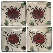 Parker & Jane Deep Red Flower Simple Dining Square 11" Dinner Plates Set of 4