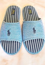 Polo Ralph Lauren Men's Striped Denim Slippers Blue/Navy/White Open Toe US 10