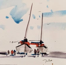 Sailboats Contemporary Watercolor Painting Canvas PRINT By Artist Jose TRUJILLO