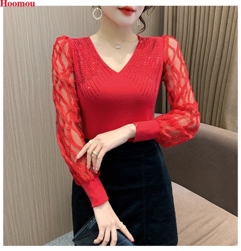Western Women Rhinestone Sheer Lace Long Sleeve Party Cocktail Blouse Tops Shirt - Picture 8 of 18