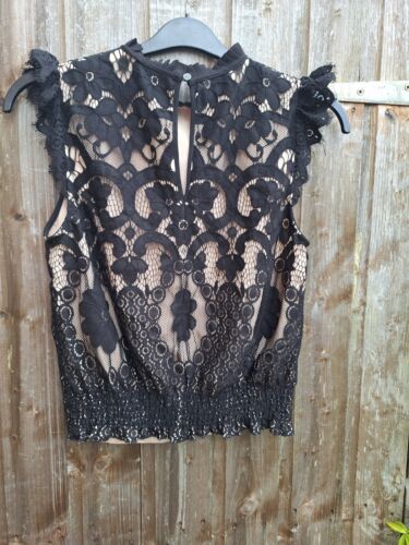 Stunning OASIS Portrait Style Shell Black Nude Lined Lace Top 12 Was £36 VGC - Picture 12 of 13