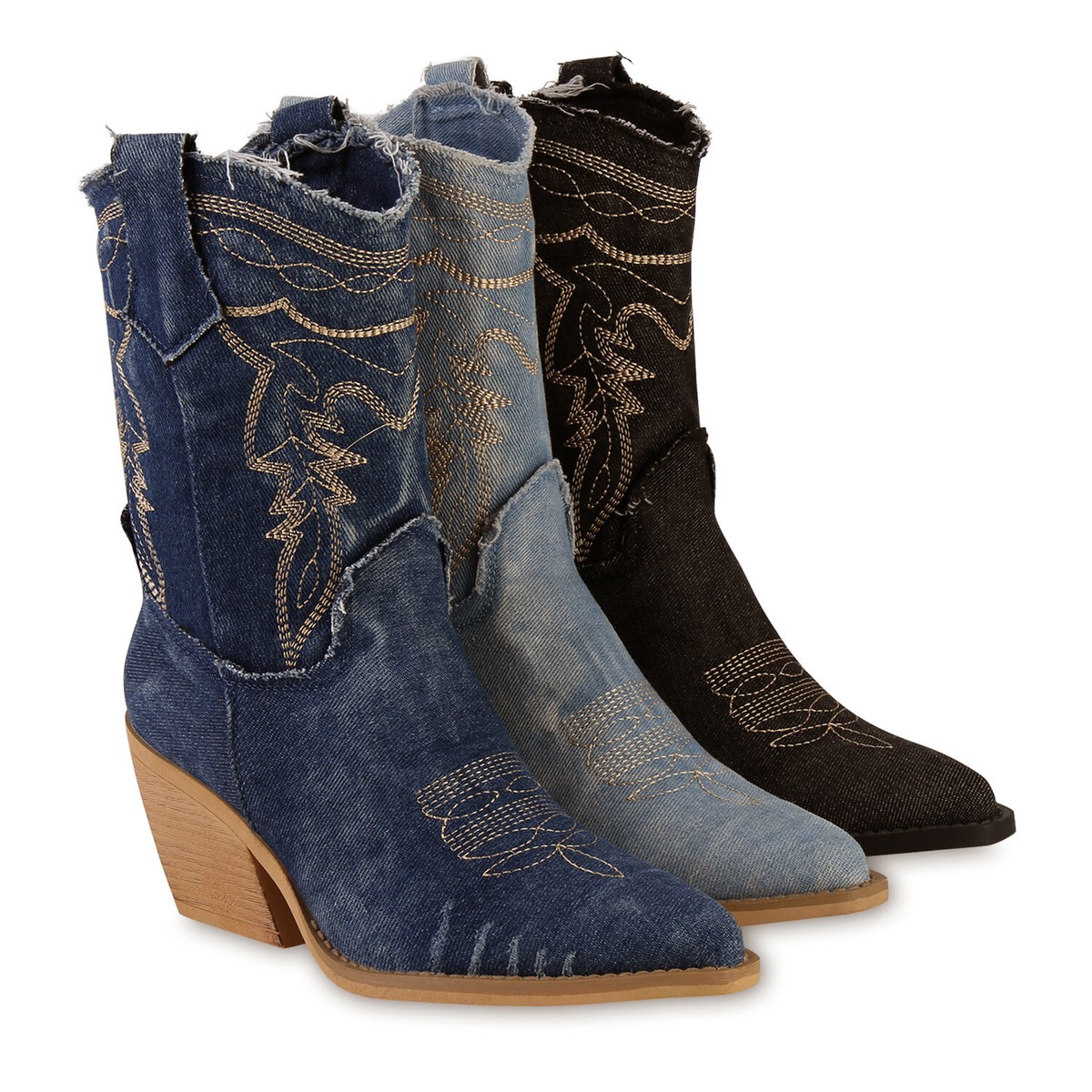 Damen Cowboy Boots Stiefeletten Spitze Denim Stickereien 841341