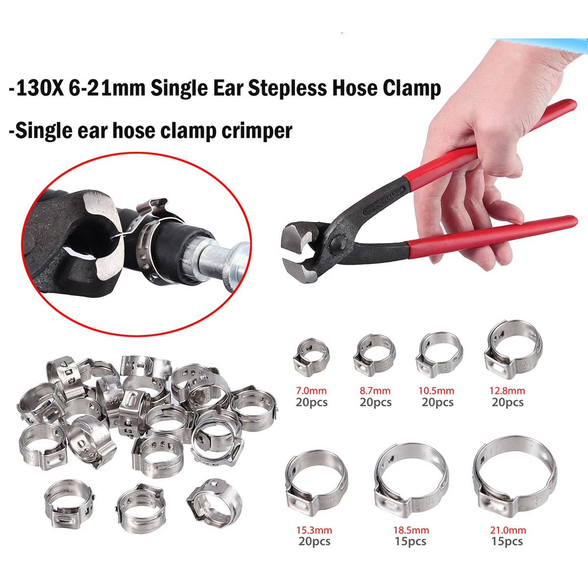 130PCS 304 stainless steel Single Ear Clamp Ear Hose Clamps Crimping Tool Kit