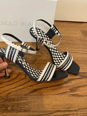 Manolo Blahnik Women's Navy White Snake Sandals Shoes 90 mm Heels