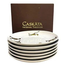 Caskata Set of 6 -6 1/4" Christmas Appetizer Snack Plates Gold Elves Instruments