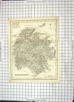 Antique Old Print Steel Map Herefordshire England Hereford Bromyard Ledbury