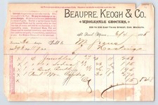 St Paul Minnesota 1885 Beaupre Keogh Wholesale Grocers Billhead 8.5" x 5.5"
