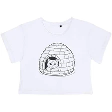 'Cat In a Cozy Igloo Bed' Women's Cotton Crop Tops (CO045080)