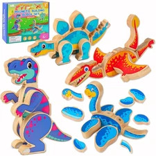 Dinosaur Building Blocks Set, Wooden Dino Blocks, Magnetic Dinosaur Builders