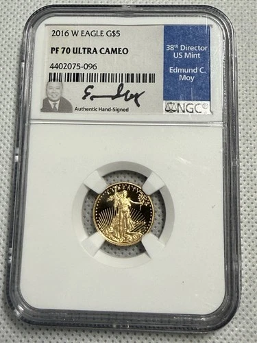 2016-W $5 Gold Eagle Proof NGC PF70 UCAM Edmund Moy Signed Label