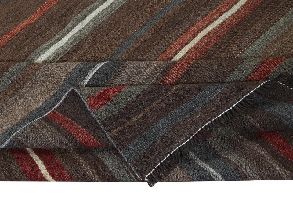 4.3x12.2 Ft Handwoven Vintage Striped Brown Kilim Runner. Flat-Weave Turkish Rug - Image 3 of 4