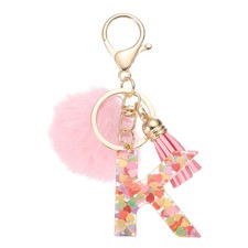 Alphabet Initial Letter K Keychain, Cute Tassel Fur Ball Pom Key Chain, Pink