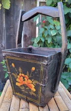 vintage Chinese rustic hand-painted Floral black 19" WOODEN BUCKET with Handle