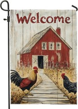 Barnyard Welcome Garden Flag, Red Farmhouse Rooster Chickens, 12x18 Inch