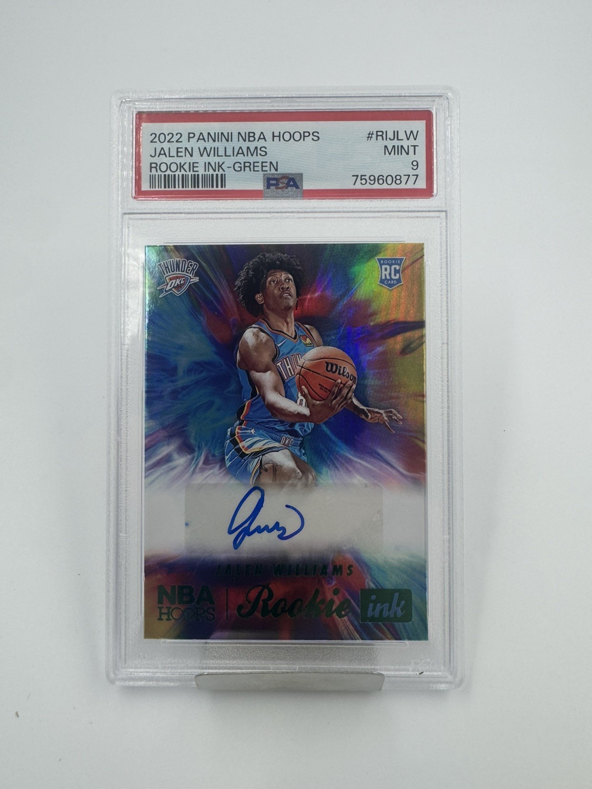 2022-23 Panini Hoops Jalen Williams RC Rookie Ink Green Auto PSA MINT 9