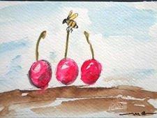 One Of A Kind  - Original BUSY BEE CHERRIES Watercolor  Painting