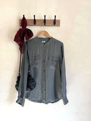 CLOSED 100% Silk Top Blouse UK10-12 Grey Button Down Collarless Chic Career