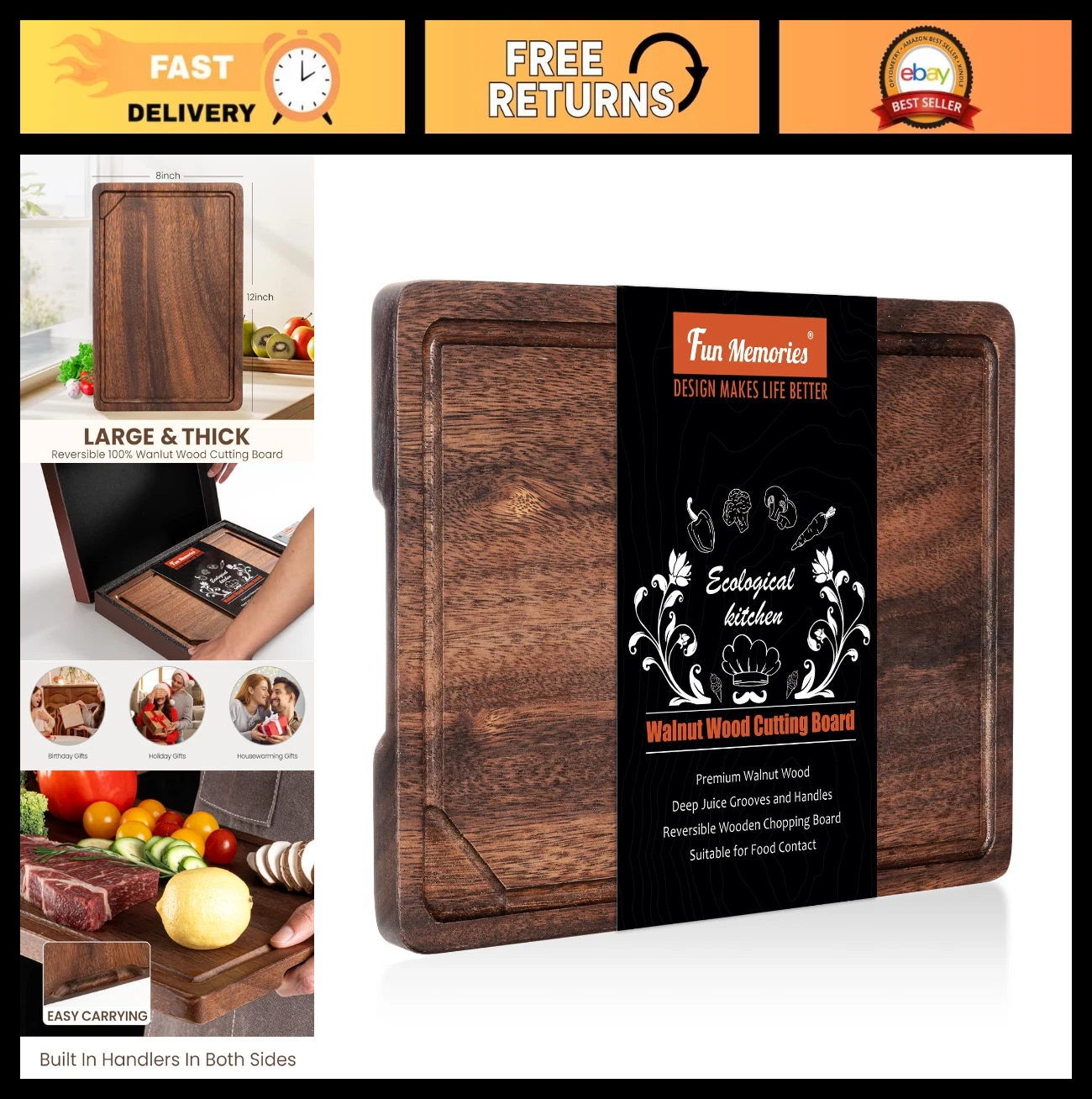 Reversible Large Black Walnut Cutting Board - 12"x8" Butcher Block with Juice Gr