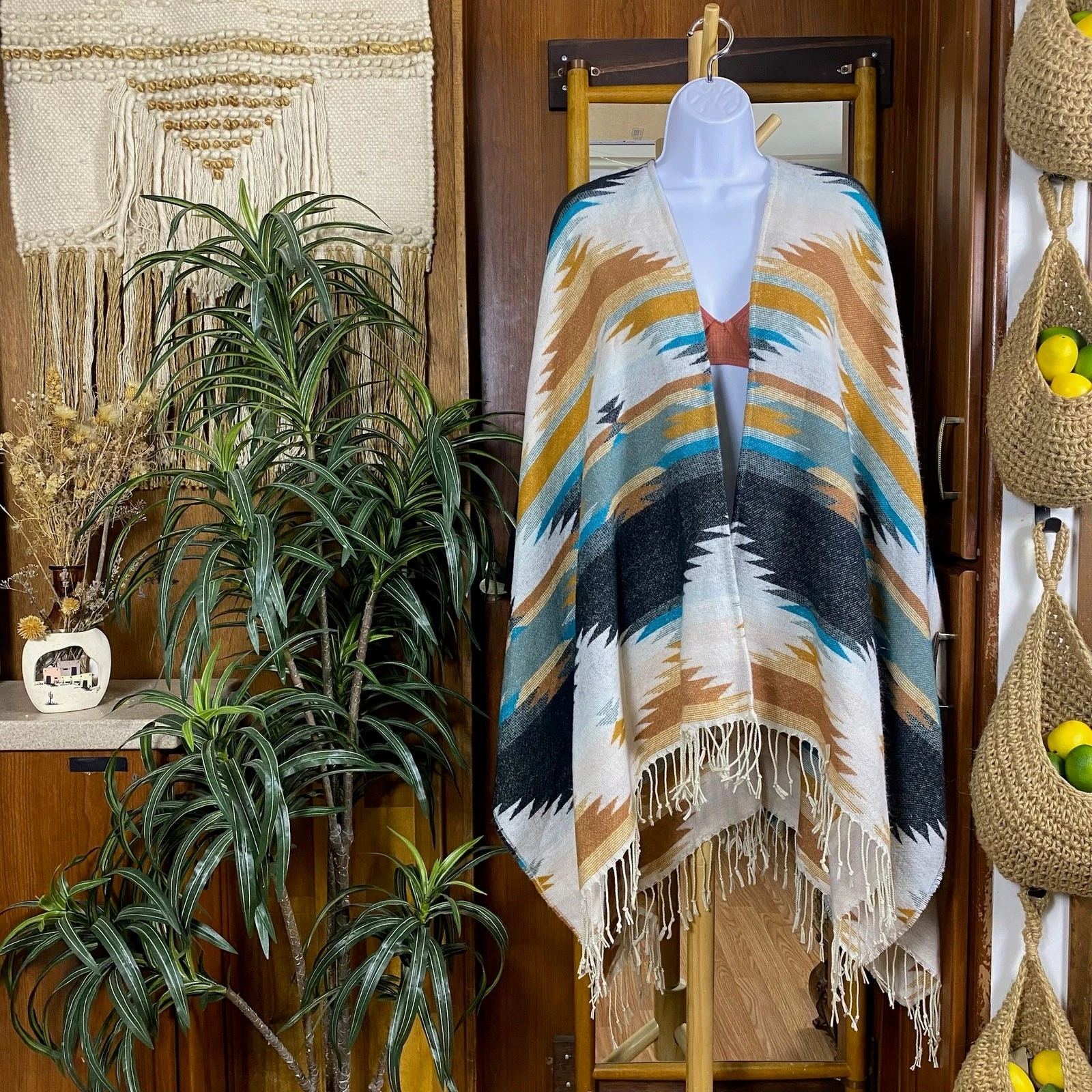 Shyanne Southwestern Poncho Womens O/S Fringe Aztec Western Boho Teal Wrap Cape