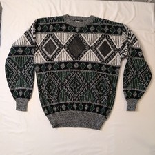 Vintage Grandpacore Geometric Sweater With Leather Accents, 80s - 90s