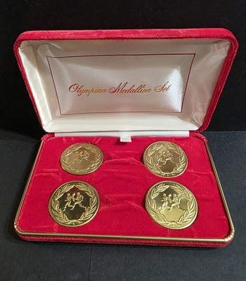 1984 LA Olympic 4 Medallion Brass Set In Red Display Box