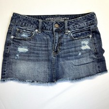 American Eagle Y2K Style Blue Denim Mini Skirt Size 4 Destressed Raw Hem EUC