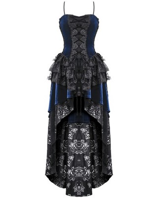 Dark In Love Damen Gothic Lolita Samt & Spitze Fischschwanz Ballkleid blau schwarz