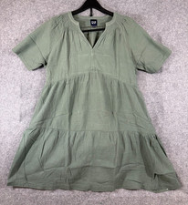 Gap Gauze Crinkle Dress Womens L Green Soft Cotton Relaxed Fit Short Sleeve NWT