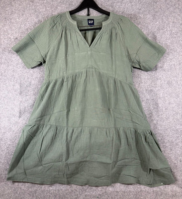 Gap Gauze Crinkle Dress Womens L Green Soft Cotton Relaxed Fit Short Sleeve NWT
