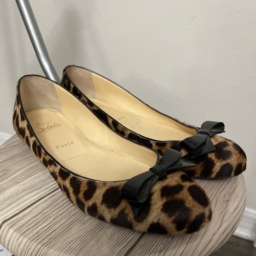 CHRISTIAN LOUBOUTIN Leopard Pony Fur Patent Bow SIMPLENODO Ballet Flats 40.5