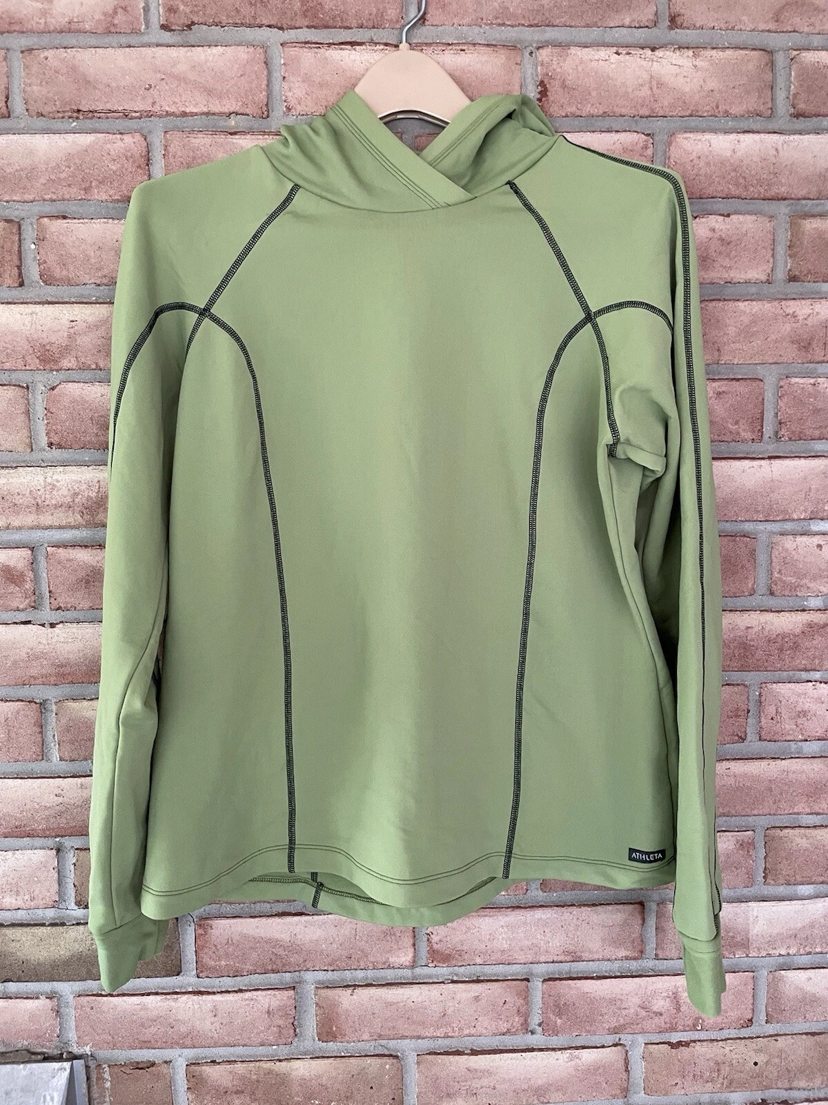 Athleta Women's Size Large Hooded Long Sleeve Green Fleece Lined Pullover USA