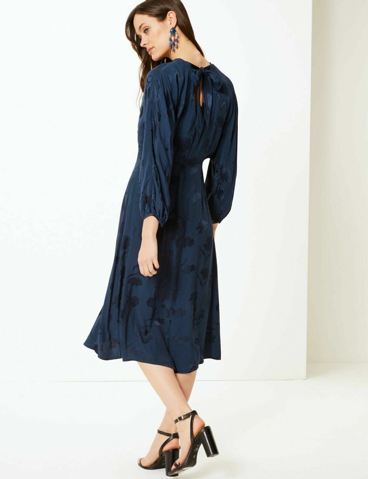 £55 M&S Generous Size 14 Navy Silky Jacquard FIT & FLARE Party Dress Midi BNWT