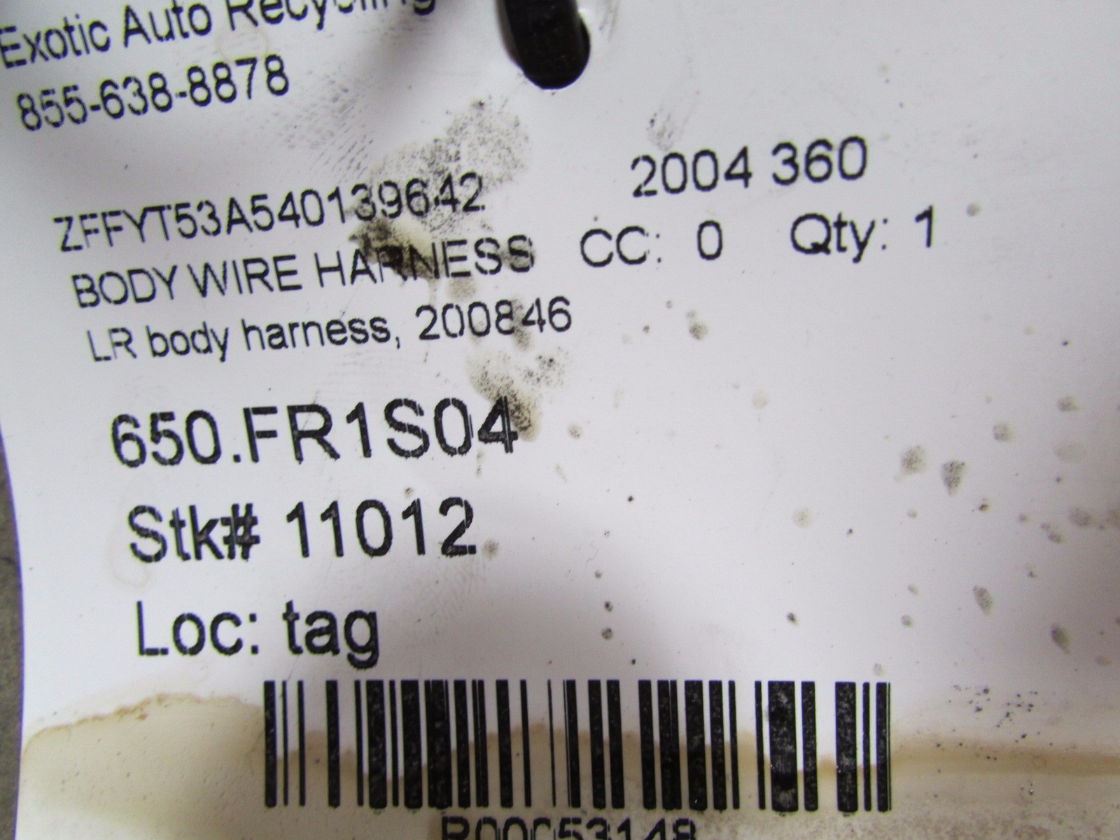 Ferrari 360, LH, Left Rear Body Wiring Harness, Used, P/N 179170 s/c 200846