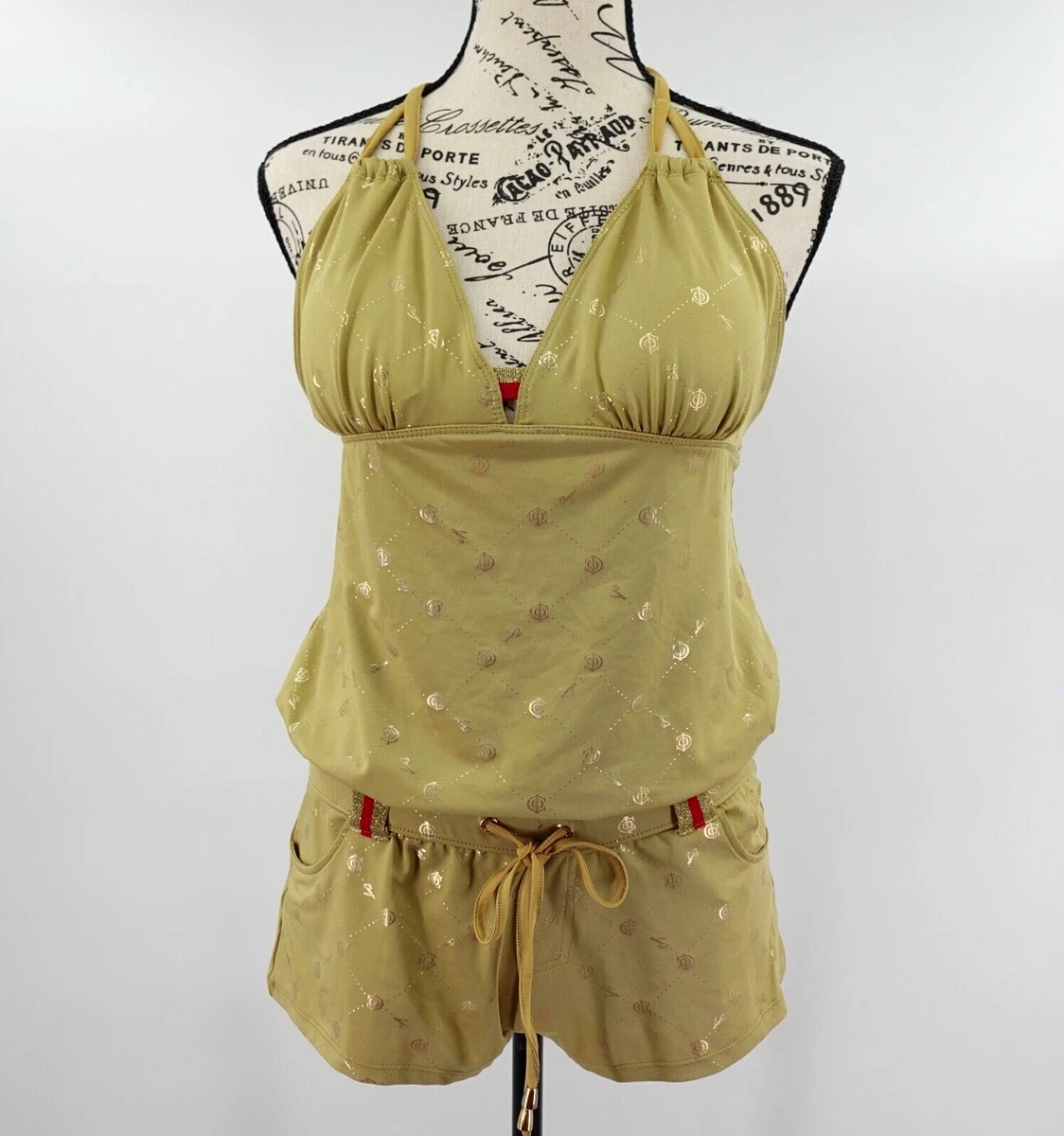 Coogi Jumpsuit Romper Women Medium Brown Metallic All-Over Print Bodysuit  Belted | eBay
