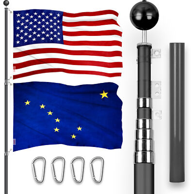 25 Ft Telescoping Flagpole Black & American and Alaska Flags Emb 300D 3x5Ft
