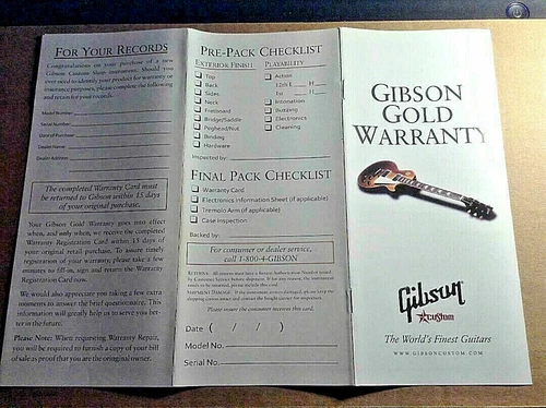 Gibson Custom Shop Les Paul SG Flying V FireBird Blank CheckList / Warranty Card