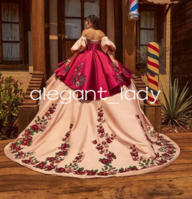 Puffy Sleeve Charro Quinceanera Dresses Burgundy Blush Off Shoulder Crystal  | eBay