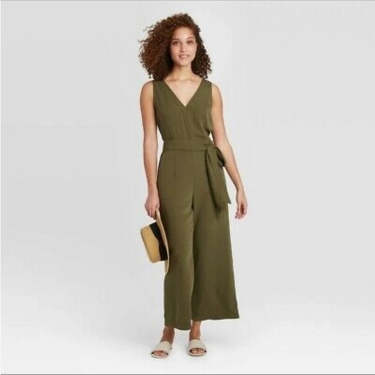 A New Day Olive Green Sleeveless V Neck Wide Leg Jumpsuit NWOT size Medium  | eBay