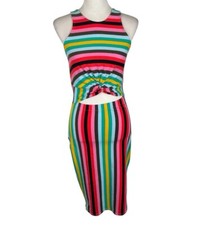 Express Bodycon Dress Women PS Multi Striped Twist Front Cutout Waist Stretch