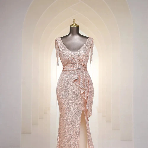 Evening Dress Tassel V Neck Ruffles High Split Women Sequin Long Prom Party Gown - Picture 17 of 30